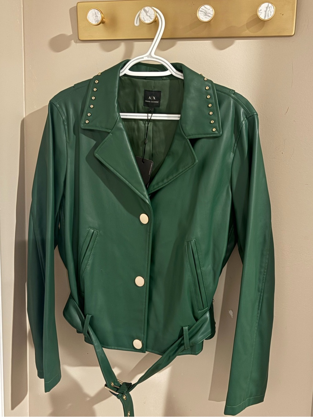 Armani Exchange Green Faux Leather Stud Collar Jacket